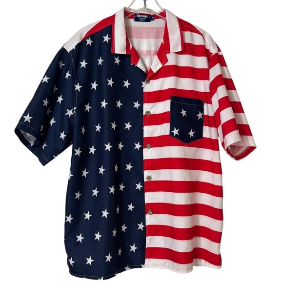 Six Islands USA Flag Button-Up Short Sleeve Shirt Red White & Blue‎ Size Large - Picture 1 of 7